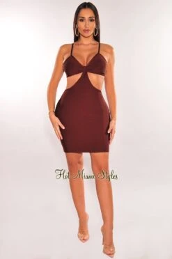 Chocolate Bandage Spaghetti Straps Knotted Cut Out Mini Dress -rehab shop chocolate bandage spaghetti straps knotted cut out mini dress hot miami styles 740249