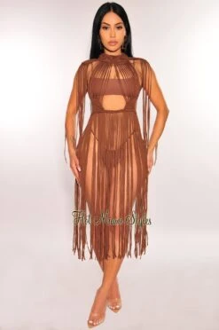 Chocolate Crochet Cape Sleeves Fringe Cover Up Dress