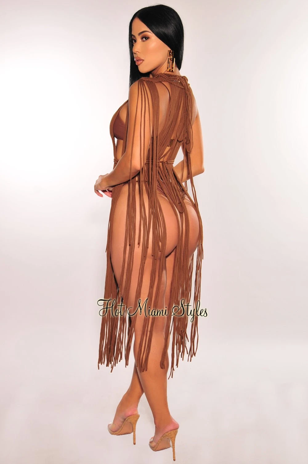 Chocolate Crochet Cape Sleeves Fringe Cover Up Dress 4 Chocolate Crochet Cape Sleeves Fringe Cover Up Dress - Image 2