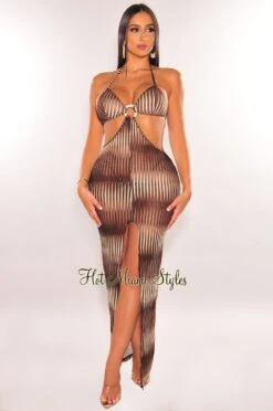 Chocolate Mocha Ribbed Halter O-Ring Cut Out Cover Up Slit Dress