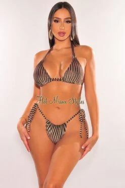 Chocolate Mocha Ribbed Padded Triangle Top Tie Up Bikini