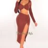 Chocolate Ribbed Knit Long Sleeve Ruched Slit Skirt Two Piece Set -rehab shop chocolate ribbed knit long sleeve ruched slit skirt two piece set hot miami styles 698337