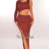 Chocolate Ribbed Knit One Sleeve Cut Out Slit Maxi Dress -rehab shop chocolate ribbed knit one sleeve cut out slit maxi dress hot miami styles 935811
