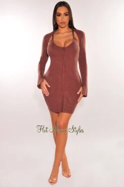 Chocolate Ribbed Knit Spaghetti Straps Mini Dress + Shrug Jacket -rehab shop chocolate ribbed knit spaghetti straps mini dress shrug jacket hot miami styles 971305