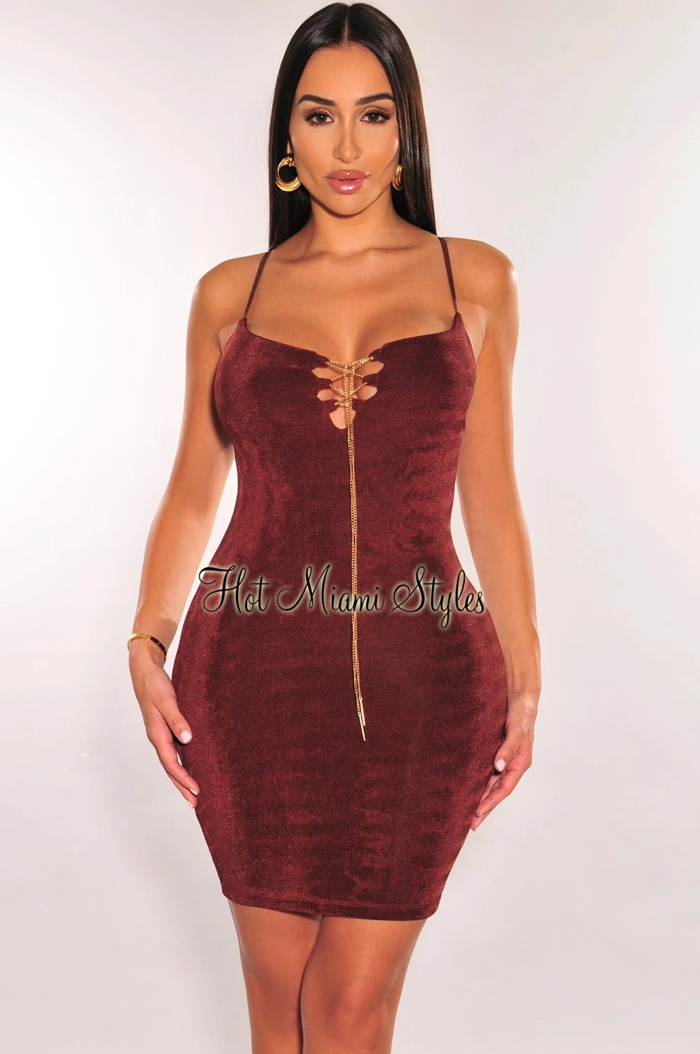 Chocolate Shimmery Spaghetti Strap Gold Chain Lace Up Mini Dress 3 Chocolate Shimmery Spaghetti Strap Gold Chain Lace Up Mini Dress