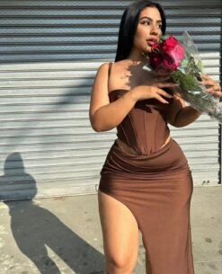 Chocolate Spaghetti Strap Padded Boned Corset Ruched Slit Skirt Two Piece Set -rehab shop chocolate spaghetti strap padded boned corset ruched slit skirt two piece set hot miami styles 101648