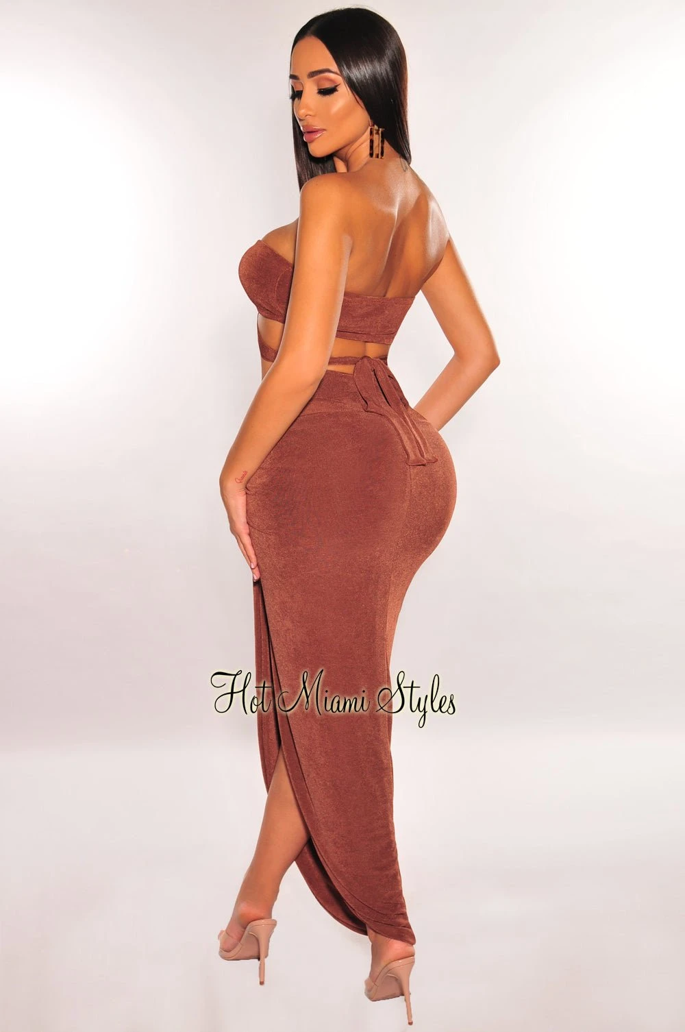 Chocolate Strapless O-Ring Wrap Around Knotted Slit Skirt Two Piece Set 4 Chocolate Strapless O-Ring Wrap Around Knotted Slit Skirt Two Piece Set - Image 2