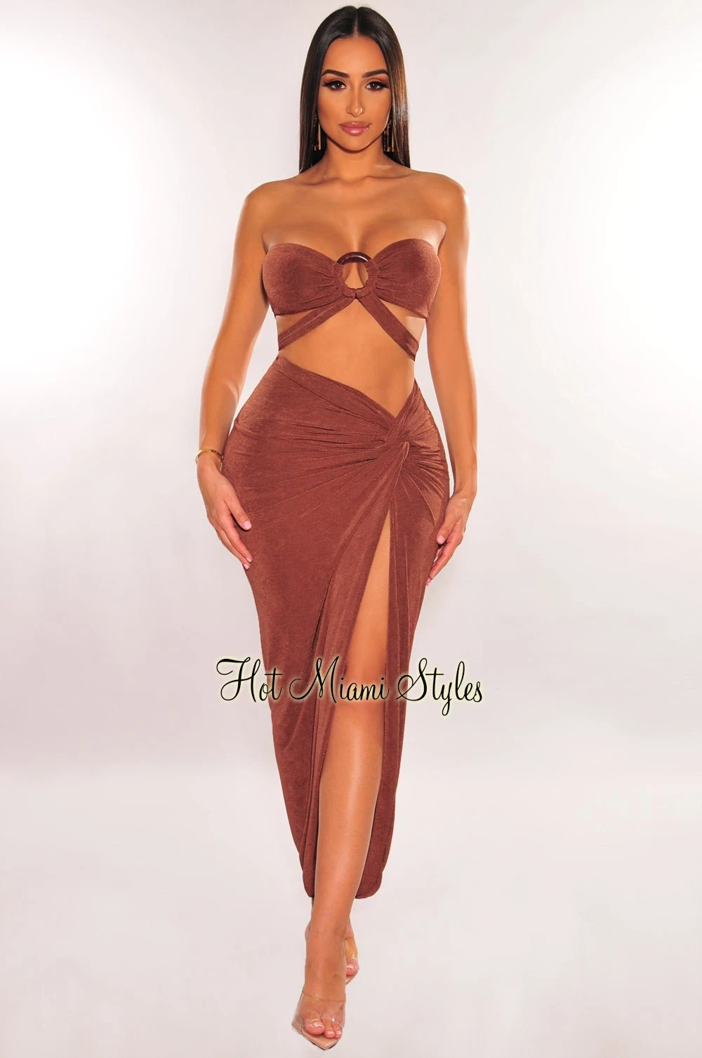 Chocolate Strapless O-Ring Wrap Around Knotted Slit Skirt Two Piece Set 3 Chocolate Strapless O-Ring Wrap Around Knotted Slit Skirt Two Piece Set