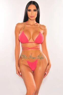 Coral Red Padded Gold Chain Halter Tie Up High Cut Bikini