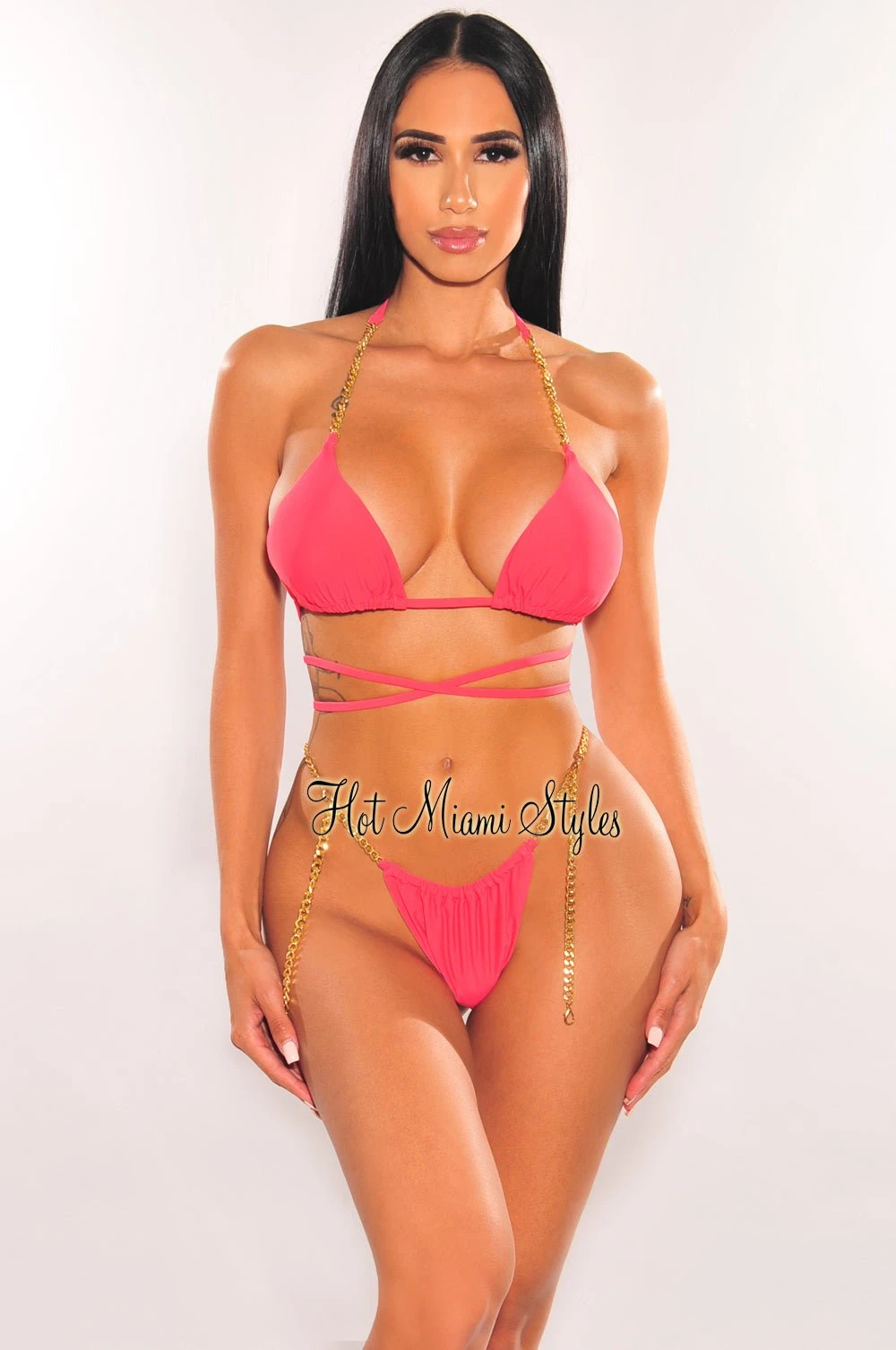 Coral Red Padded Gold Chain Halter Tie Up High Cut Bikini 3 Coral Red Padded Gold Chain Halter Tie Up High Cut Bikini