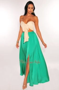 Cream Green Strapless Tie Up Skirt Two Piece Set
