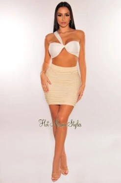 Cream High Waist Ruched Cover Up Skirt -rehab shop cream high waist ruched cover up skirt hot miami styles 528356