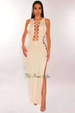 Cream Sleeveless Lace Up Sides Double Slit Maxi Dress