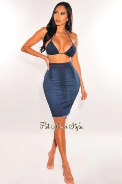 Dark Denim Halter Triangle Top Frayed Skirt Two Piece Set -rehab shop dark denim halter triangle top frayed skirt two piece set hot miami styles 424886