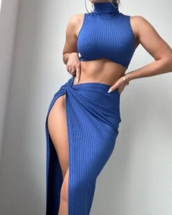 Deep Blue Ribbed Turtleneck Sleeveless Knotted Slit Skirt Two Piece Set -rehab shop deep blue ribbed turtleneck sleeveless knotted slit skirt two piece set hot miami styles 424977