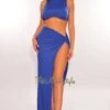 Deep Blue Ribbed Turtleneck Sleeveless Knotted Slit Skirt Two Piece Set
