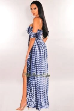Deep Blue Tie Dye Ruffle Strap Smocked Slit Maxi Dress -rehab shop deep blue tie dye ruffle strap smocked slit maxi dress hot miami styles 887006