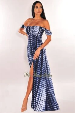 Deep Blue Tie Dye Ruffle Strap Smocked Slit Maxi Dress
