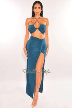 Deep Green Halter Keyhole Knotted Slit Skirt Two Piece Set