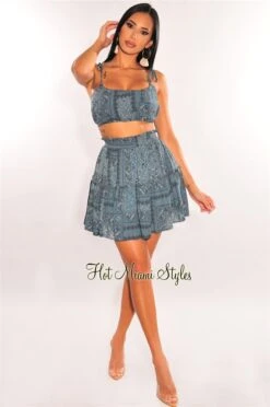 Deep Teal Paisley Print Tie Up Straps Ruffle Skirt Two Piece Set -rehab shop deep teal paisley print tie up straps ruffle skirt two piece set hot miami styles 343665