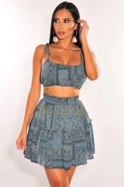 Deep Teal Paisley Print Tie Up Straps Ruffle Skirt Two Piece Set
