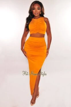 Dijon Sleeveless Ruched Slit Skirt Two Piece Set