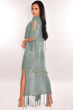 Dusty Sage Crochet Fringe Belted Maxi Cover Up -rehab shop dusty sage crochet fringe belted maxi cover up hot miami styles 901406