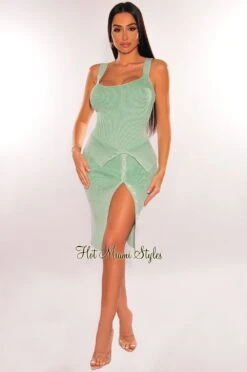 Dusty Sage Ribbed Cut Out Bodysuit Layover Button Up Skirt Two Piece Set