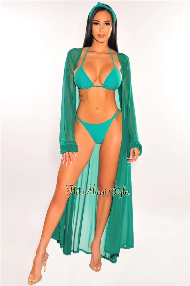 Emerald Mesh Long Sleeves Belted Maxi Cover Up 4 Emerald Mesh Long Sleeves Belted Maxi Cover Up - Image 2
