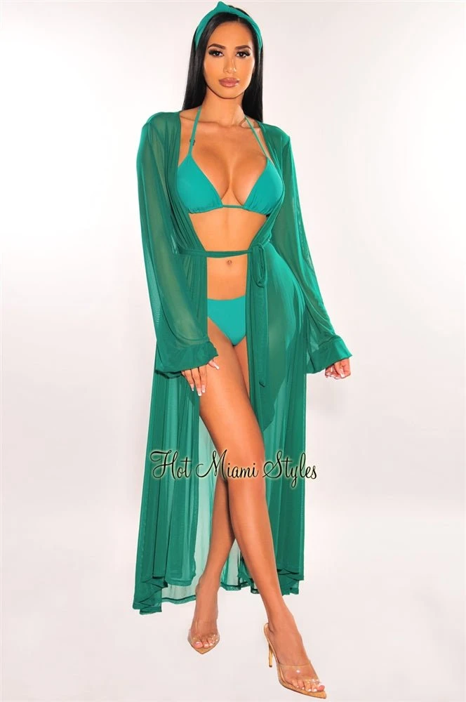 Emerald Mesh Long Sleeves Belted Maxi Cover Up 3 Emerald Mesh Long Sleeves Belted Maxi Cover Up