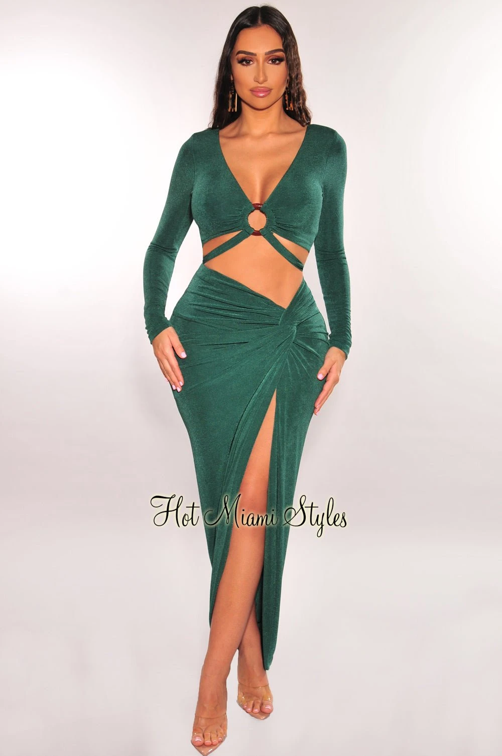 Emerald O-Ring Wrap Around Long Sleeve Slit Skirt Two Piece Set 3 Emerald O-Ring Wrap Around Long Sleeve Slit Skirt Two Piece Set