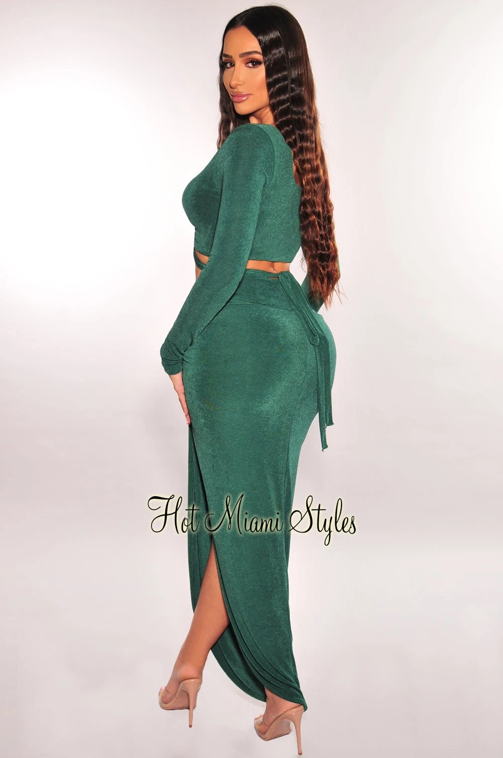 Emerald O-Ring Wrap Around Long Sleeve Slit Skirt Two Piece Set 4 Emerald O-Ring Wrap Around Long Sleeve Slit Skirt Two Piece Set - Image 2