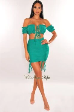 Emerald Off Shoulder Frill Tie Up Ruched Skirt Two Piece Set -rehab shop emerald off shoulder frill tie up ruched skirt two piece set hot miami styles 281900