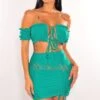Emerald Off Shoulder Frill Tie Up Ruched Skirt Two Piece Set
