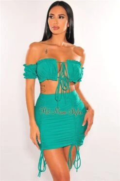 Emerald Off Shoulder Frill Tie Up Ruched Skirt Two Piece Set