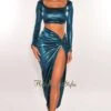 Emerald Satin Faux Leather Long Sleeve Knotted Slit Skirt Two Piece Set 1 Emerald Satin Faux Leather Long Sleeve Knotted Slit Skirt Two Piece Set -rehab shop emerald satin faux leather long sleeve knotted slit skirt two piece set hot miami styles 901494