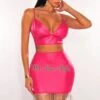 Fuchsia Faux Leather Spaghetti Strap V Neck Rhinestone Fringe Skirt Two Piece Set -rehab shop fuchsia faux leather spaghetti strap v neck rhinestone fringe skirt two piece set hot miami styles 557290
