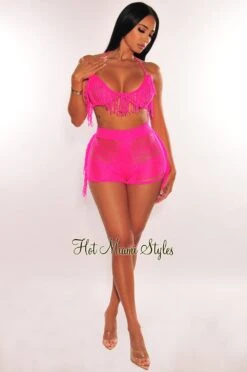 Fuchsia Halter Crochet Ladder Fringe Cover Up Shorts Two Piece Set 8 Fuchsia Halter Crochet Ladder Fringe Cover Up Shorts Two Piece Set -rehab shop fuchsia halter crochet ladder fringe cover up shorts two piece set hot miami styles 119723