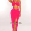 Fuchsia Ribbed One Shoulder Slit Knotted Skirt Two Piece Set -rehab shop fuchsia ribbed one shoulder slit knotted skirt two piece set hot miami styles 779893