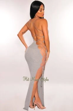 Gray Ribbed Knit Criss Cross Slit Bodycon Maxi Dress
