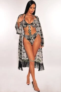 Gray Snake Print Kimono Sleeves Fringe Cover Up