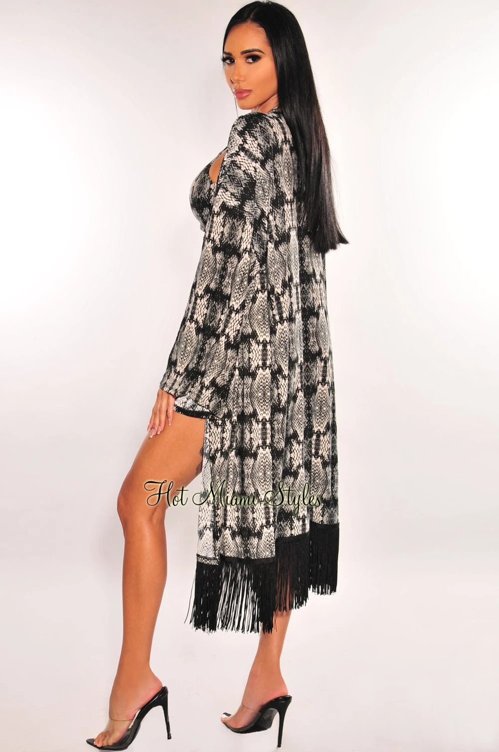 Gray Snake Print Kimono Sleeves Fringe Cover Up 4 Gray Snake Print Kimono Sleeves Fringe Cover Up - Image 2