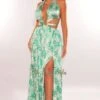 Green Floral Print Halter O-Ring Belted Cut Out Slit Maxi Dress -rehab shop green floral print halter o ring belted cut out slit maxi dress hot miami styles 271191