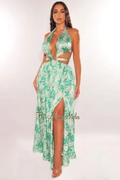 Green Floral Print Halter O-Ring Belted Cut Out Slit Maxi Dress