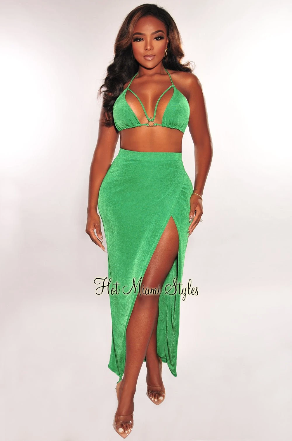 Green Gold Ring Triangle Top Slit Skirt Two Piece Set 3 Green Gold Ring Triangle Top Slit Skirt Two Piece Set