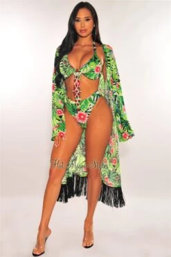 Green Tropical Print Kimono Sleeves Fringe Cover Up