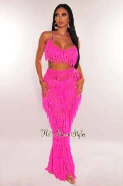 Hot Pink Crochet Halter Fringe Pants Two Piece Set Cover Up