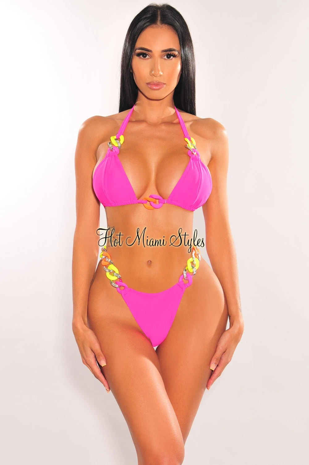 Hot Pink Neon Chain Halter Triangle Top Bikini 3 Hot Pink Neon Chain Halter Triangle Top Bikini