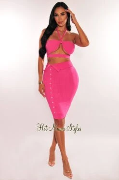 Hot Pink Ribbed Halter Cut Out Button Up Skirt Two Piece Set -rehab shop hot pink ribbed halter cut out button up skirt two piece set hot miami styles 118947