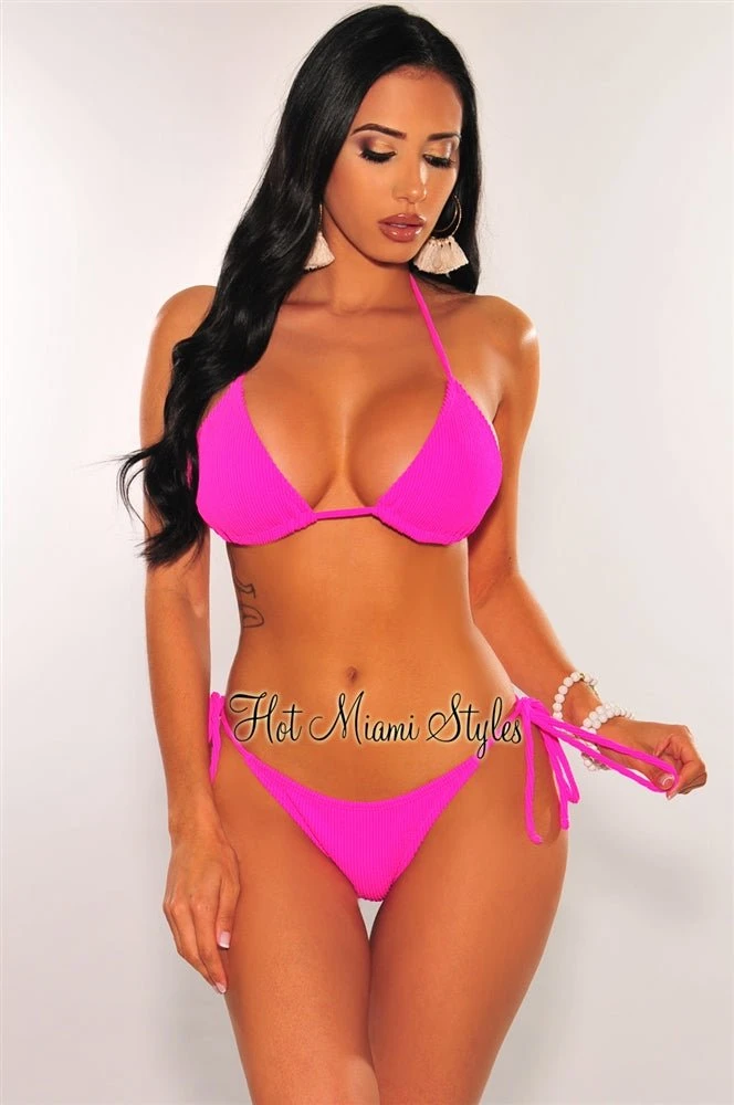 Hot Pink Ribbed Triangle Adjustable Thong Bikini 3 Hot Pink Ribbed Triangle Adjustable Thong Bikini